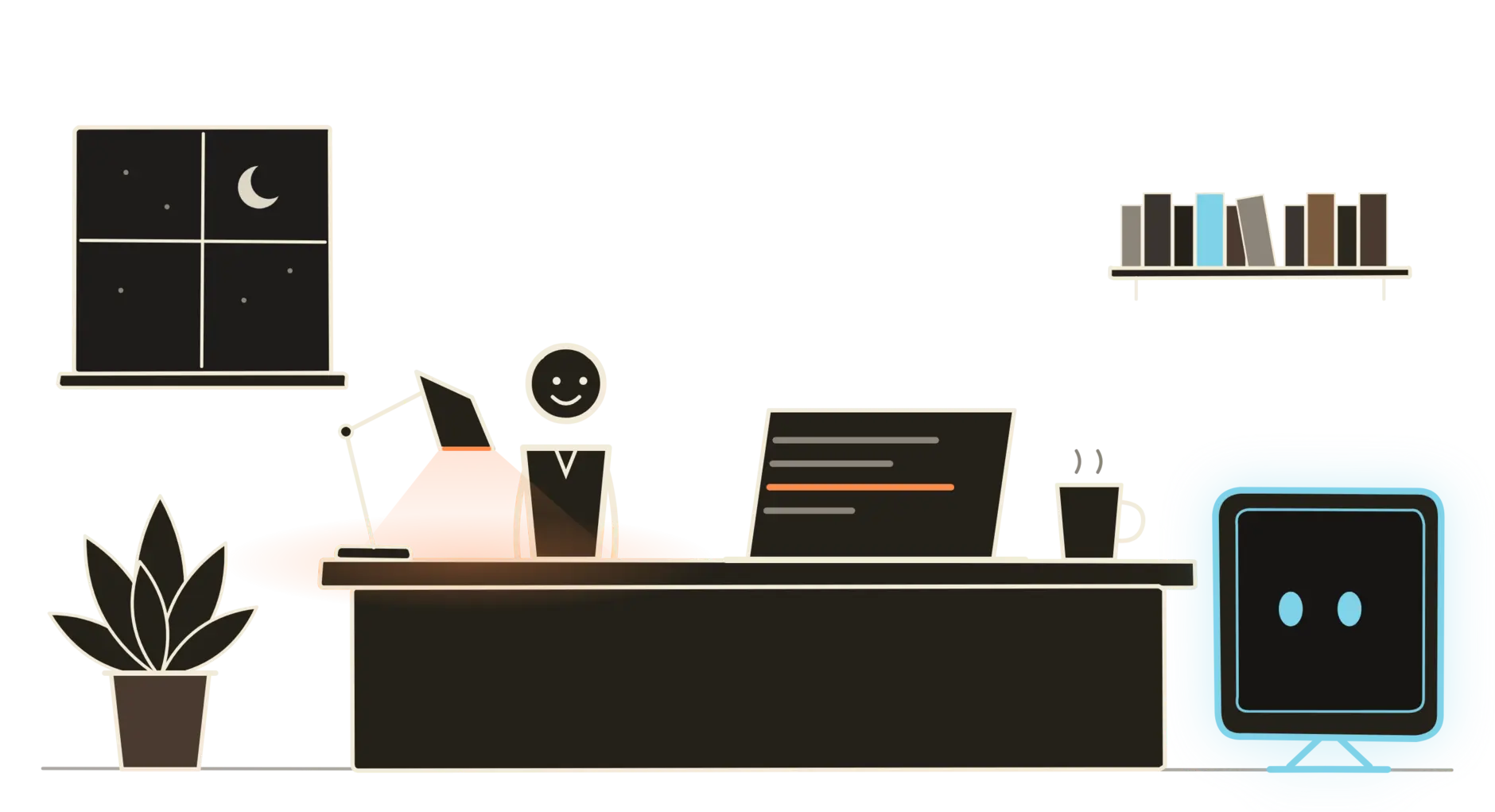 A stick figure working late at a desk lit by a lamp, a laptop and a mug in front of them, while a friendly screen-faced machine stands beside the desk.